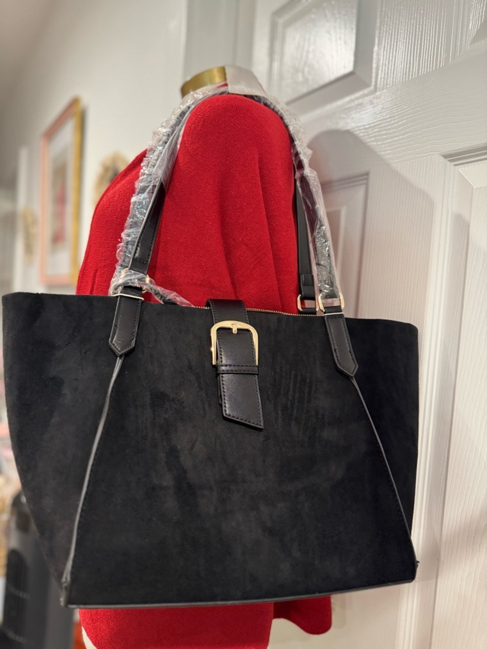 Classic Black Suede Tote Bag with Gold Buckle